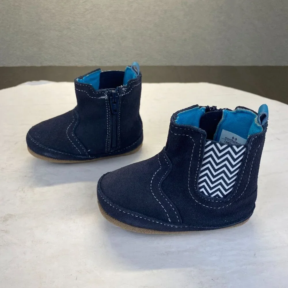 Robeez First Kicks Maddox Navy Leather Boot Size 6-9 Months Zipper,Baby, New